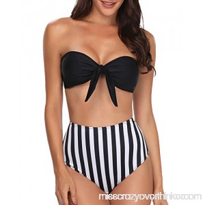 Temptme Apparel Women Bandueau Strapless High Waist Bikini Set Tie Knot Two Piece Swimsuit Swimwear Stripe Bathing Suit Black B07JYGXCC4